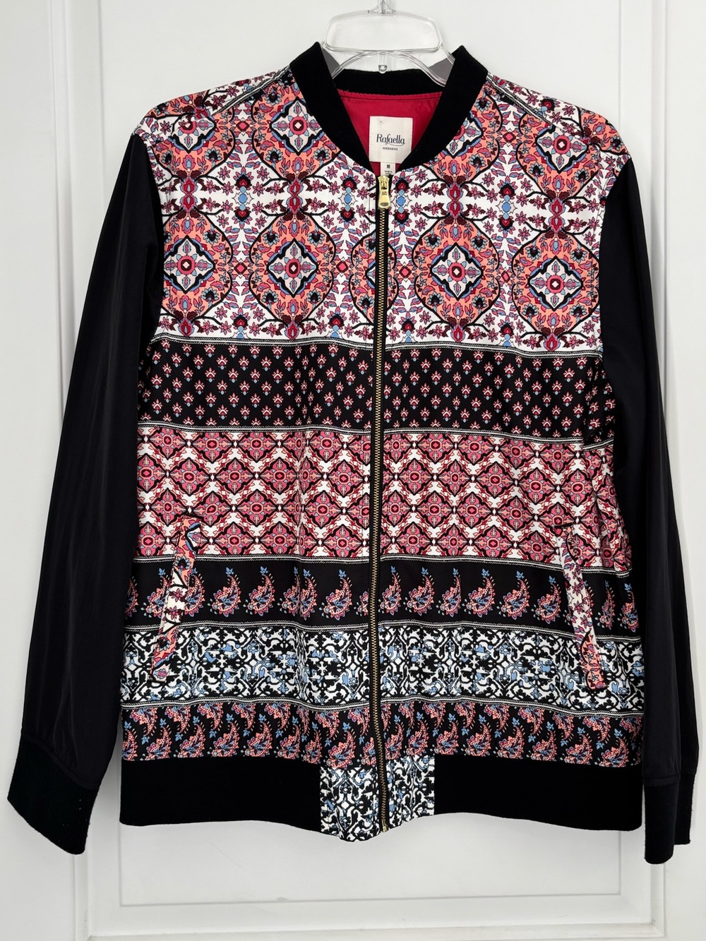 Rafaella Black & Pink Printed Weekend Bomber Jacket Full Zipper